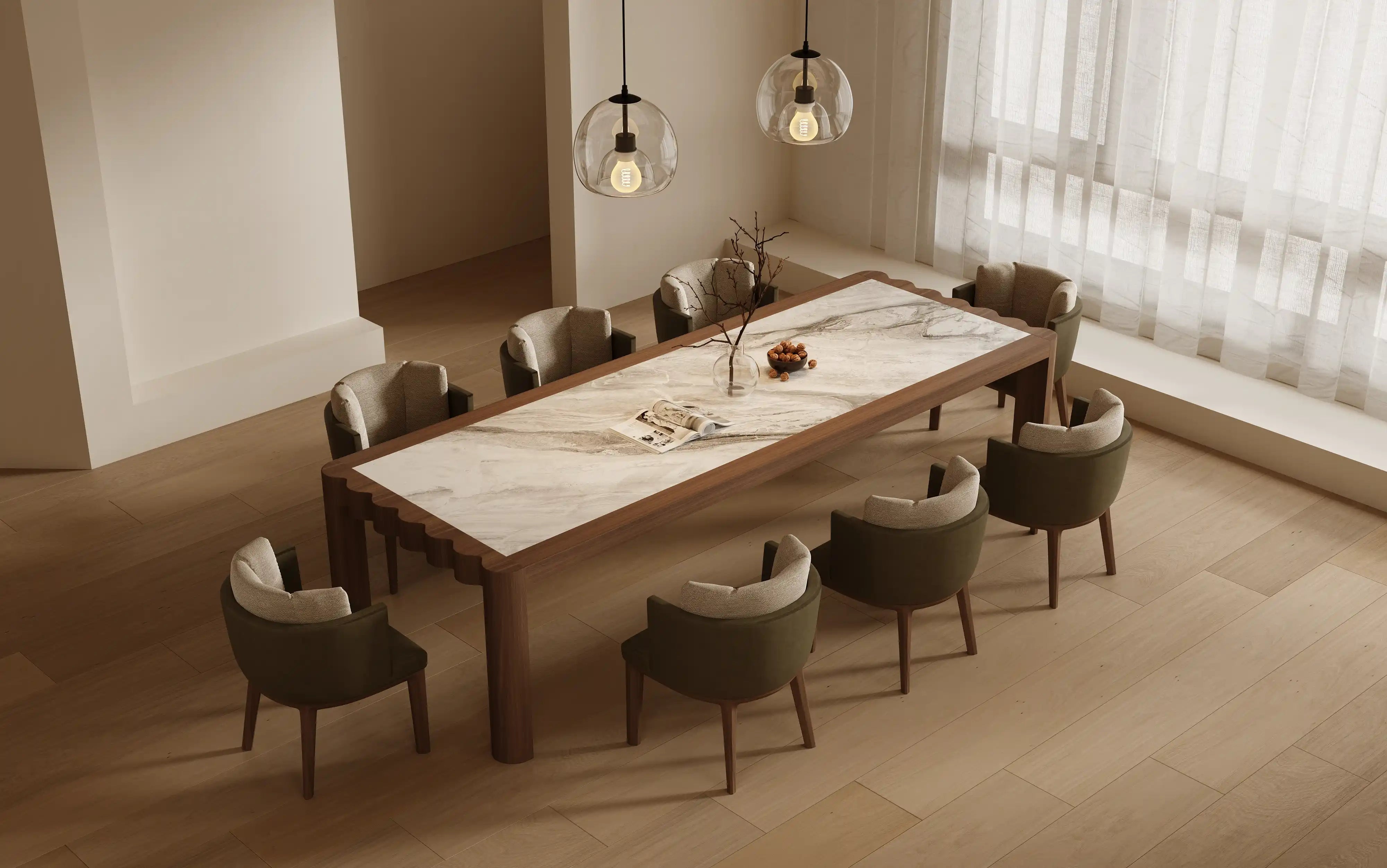 SHAN ZHU Dining Chair — Walnut Poise in Soft Leather & Fabric